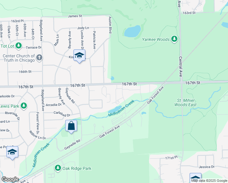 map of restaurants, bars, coffee shops, grocery stores, and more near 16714 Hillside Place in Tinley Park