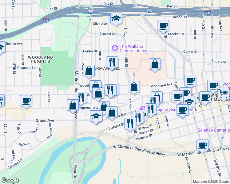 map of restaurants, bars, coffee shops, grocery stores, and more near 610 16th Street in Des Moines