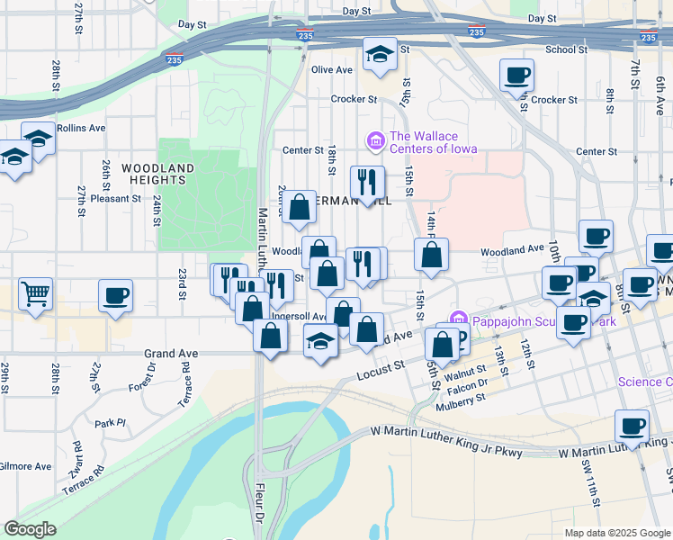 map of restaurants, bars, coffee shops, grocery stores, and more near 1707 High Street in Des Moines