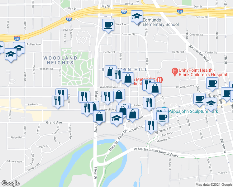 map of restaurants, bars, coffee shops, grocery stores, and more near 1815 High Street in Des Moines