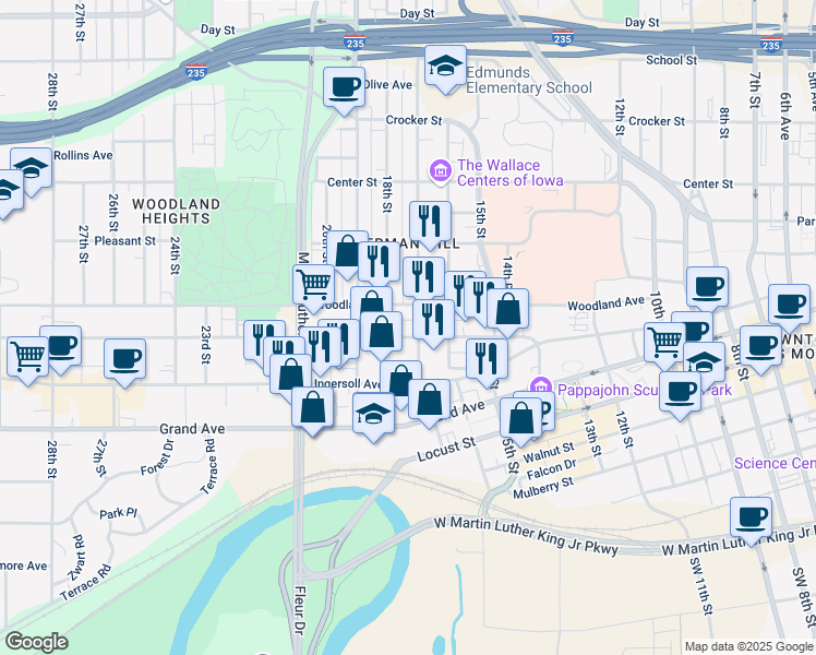 map of restaurants, bars, coffee shops, grocery stores, and more near 1707 High Street in Des Moines