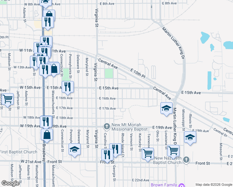 map of restaurants, bars, coffee shops, grocery stores, and more near 1529 Georgia Street in Gary