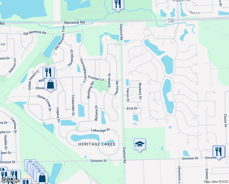 map of restaurants, bars, coffee shops, grocery stores, and more near 3601 Harms Road in Joliet