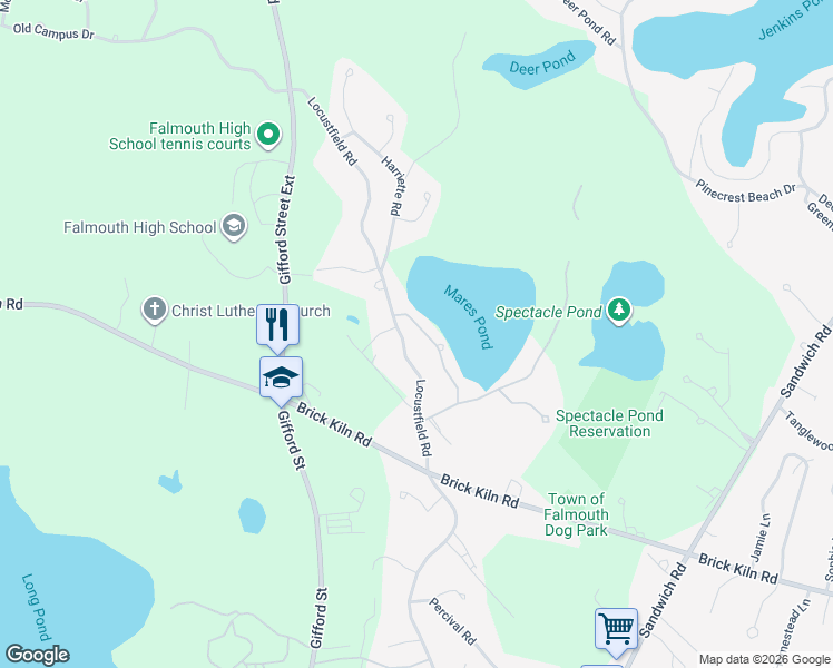 map of restaurants, bars, coffee shops, grocery stores, and more near 17 Mares Pond Drive in Falmouth