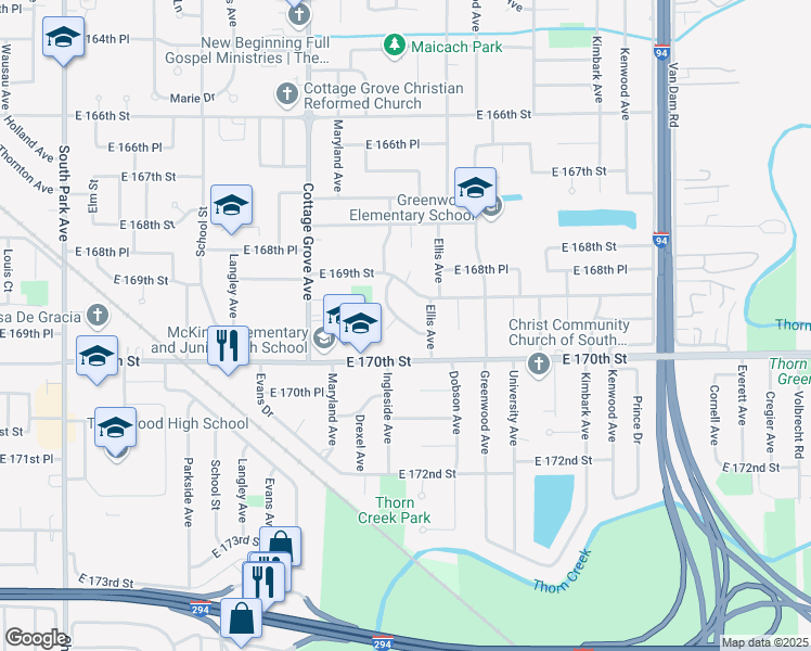 map of restaurants, bars, coffee shops, grocery stores, and more near 16934 Ingleside Avenue in South Holland