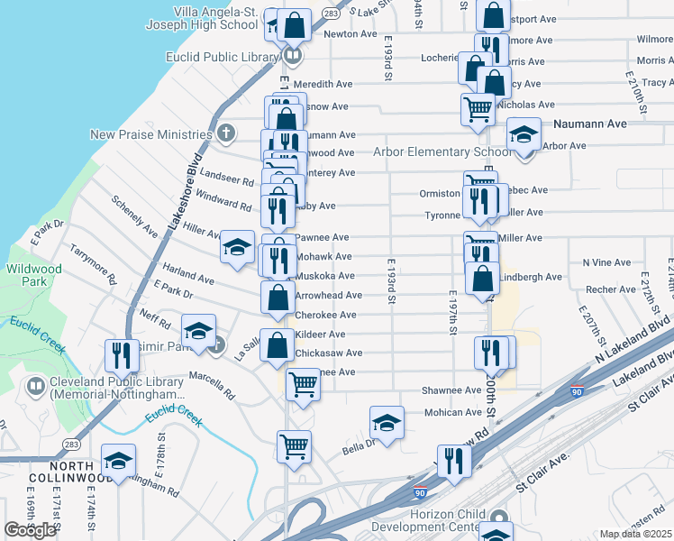 map of restaurants, bars, coffee shops, grocery stores, and more near 18801 Muskoka Avenue in Cleveland