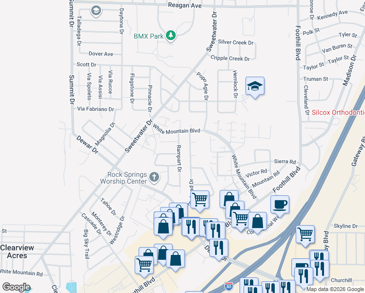 map of restaurants, bars, coffee shops, grocery stores, and more near 2708 Cloud Court in Rock Springs