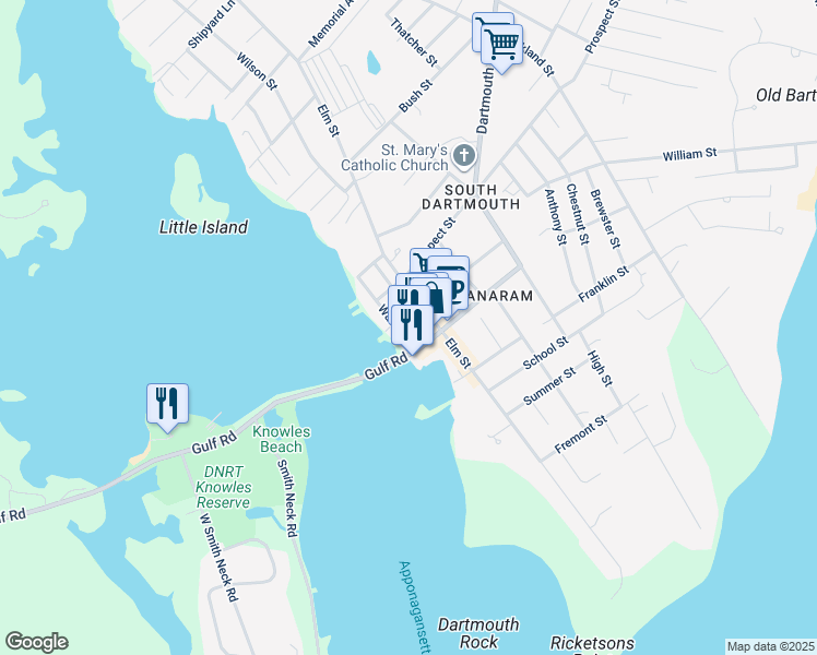 map of restaurants, bars, coffee shops, grocery stores, and more near 7 Water Street in Dartmouth