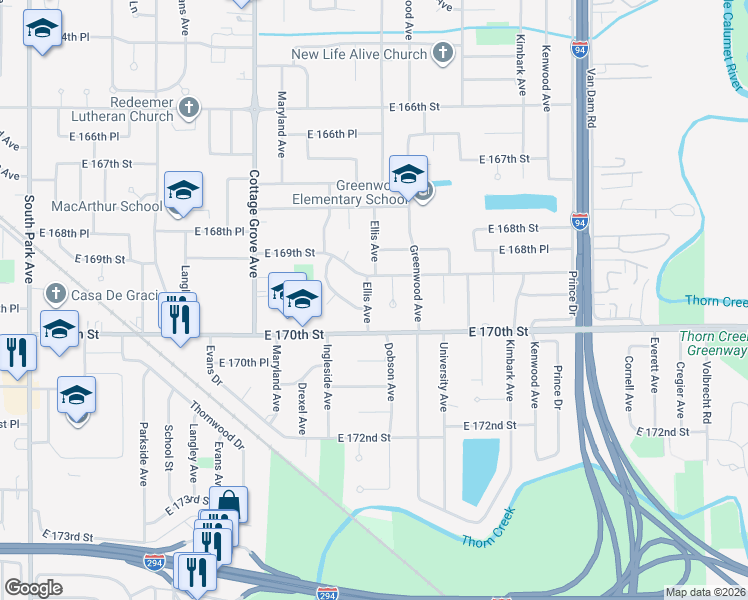 map of restaurants, bars, coffee shops, grocery stores, and more near 16927 Ellis Avenue in South Holland