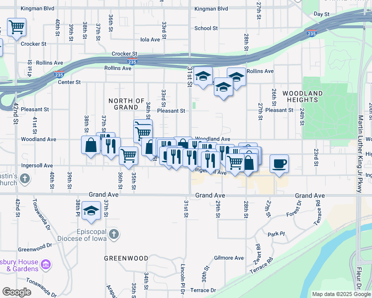 map of restaurants, bars, coffee shops, grocery stores, and more near 626 31st St in Des Moines