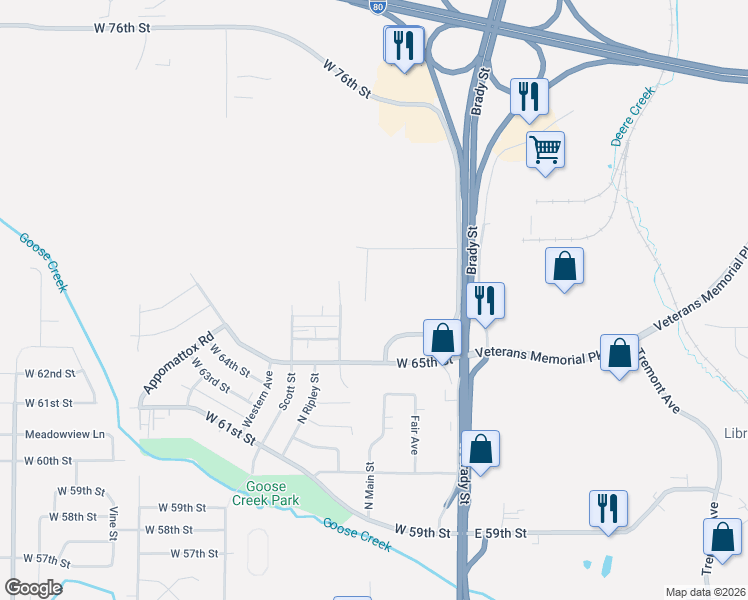 map of restaurants, bars, coffee shops, grocery stores, and more near 6523 North Main Street in Davenport