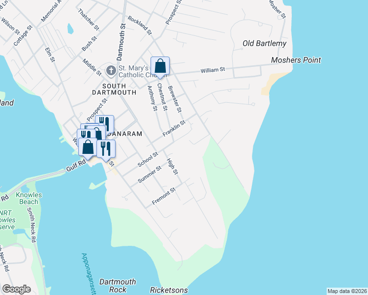 map of restaurants, bars, coffee shops, grocery stores, and more near 10 West Rockland Farm in Dartmouth