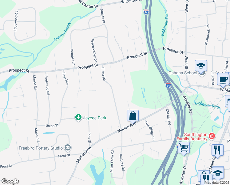 map of restaurants, bars, coffee shops, grocery stores, and more near 139 Diana Road in Southington
