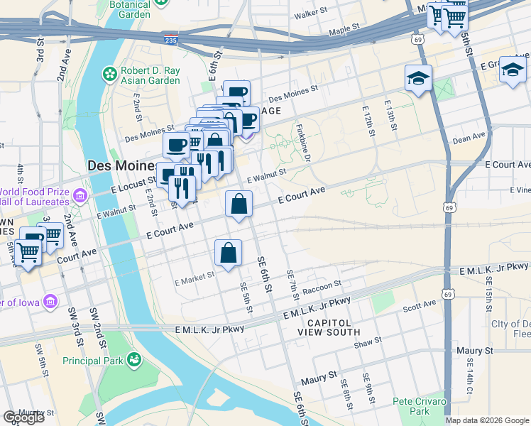 map of restaurants, bars, coffee shops, grocery stores, and more near Sugar Creek Drive West Des Moines in West Des Moines