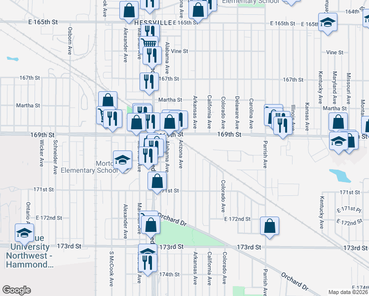 map of restaurants, bars, coffee shops, grocery stores, and more near 6927 Arizona Ave in Hammond