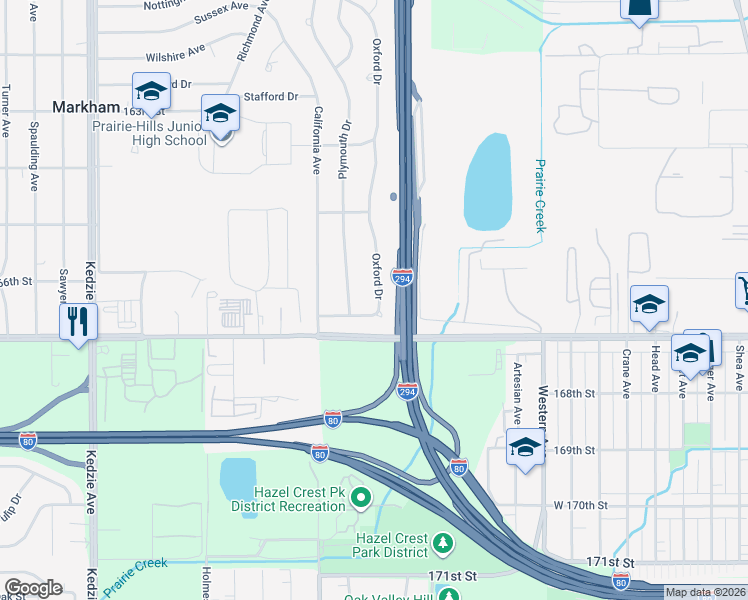 map of restaurants, bars, coffee shops, grocery stores, and more near 16624 Oxford Drive in Markham
