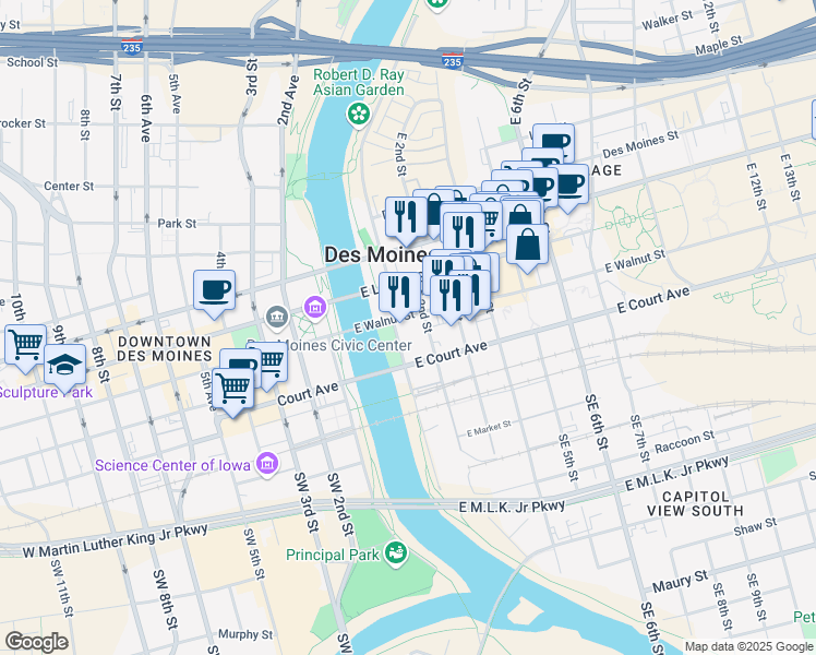 map of restaurants, bars, coffee shops, grocery stores, and more near 107 East Walnut Street in Des Moines