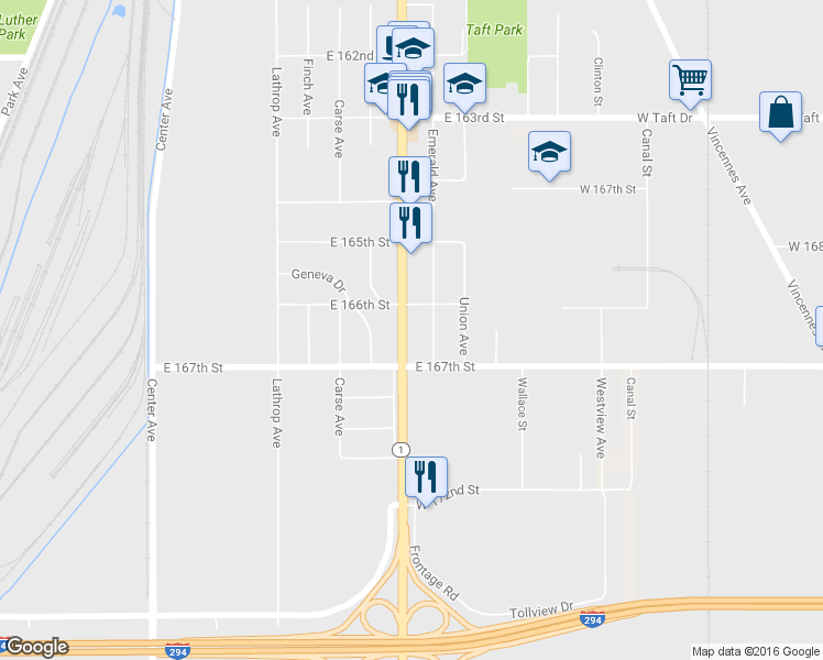 map of restaurants, bars, coffee shops, grocery stores, and more near 16615 Halsted Street in Harvey