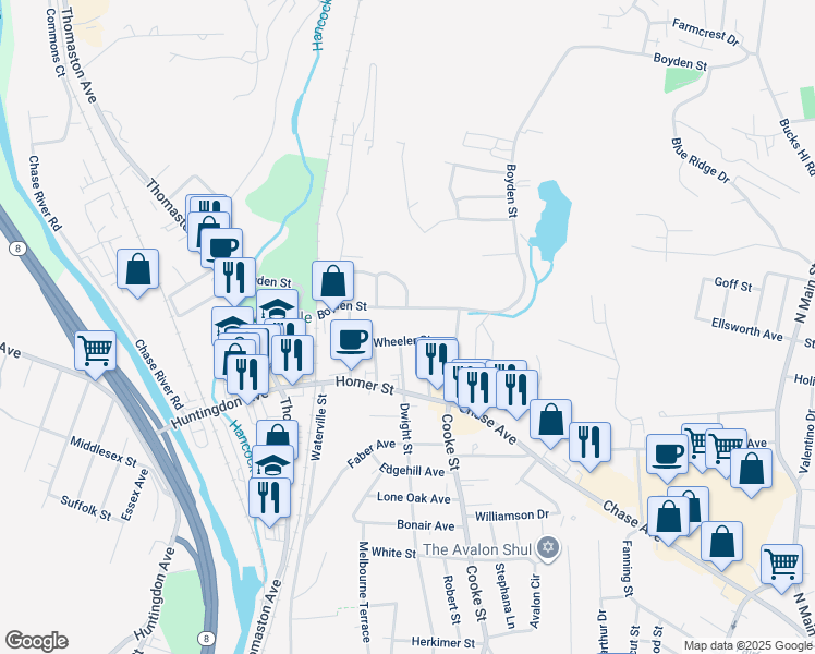 map of restaurants, bars, coffee shops, grocery stores, and more near 61 Wheeler Street in Waterbury