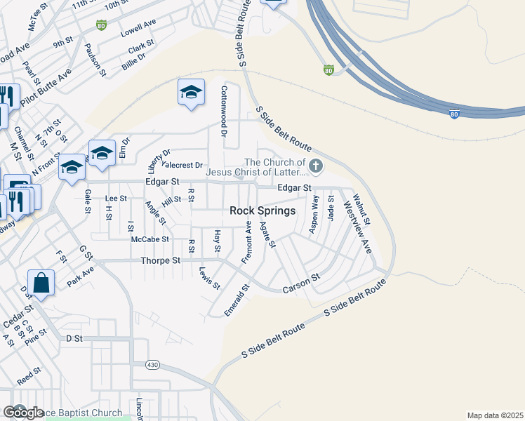 map of restaurants, bars, coffee shops, grocery stores, and more near in Rock Springs