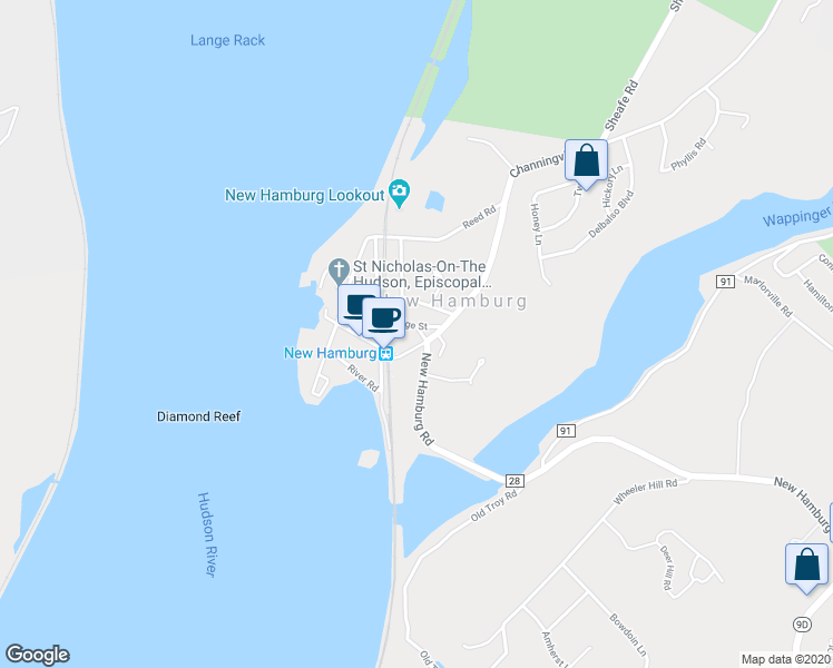 map of restaurants, bars, coffee shops, grocery stores, and more near 23 Main Street in Wappingers Falls