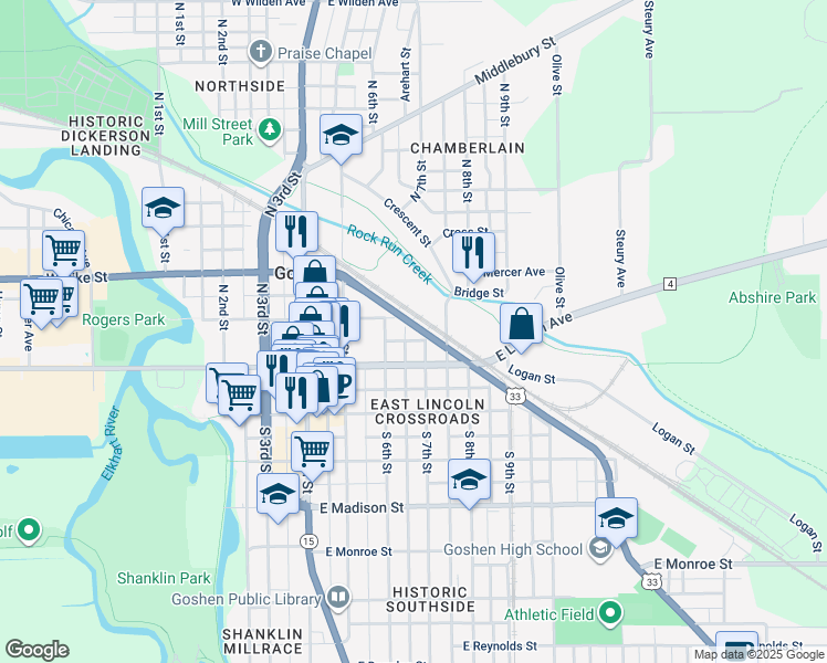 map of restaurants, bars, coffee shops, grocery stores, and more near 117 N 7th St in Goshen