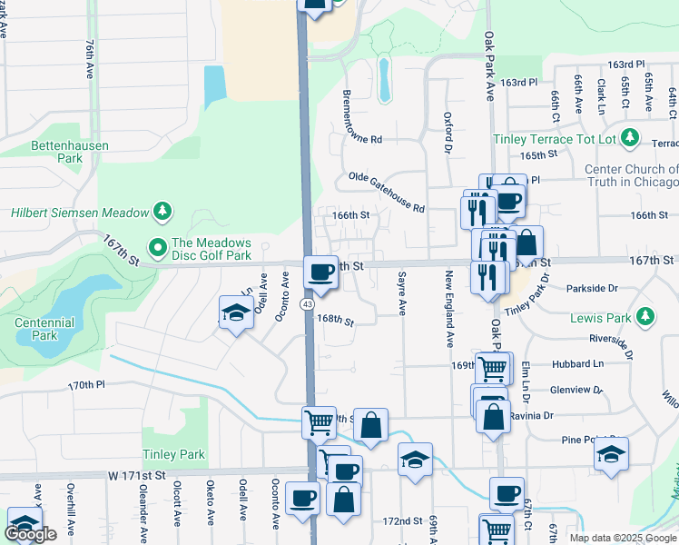 map of restaurants, bars, coffee shops, grocery stores, and more near 16710 West Wind Court in Tinley Park