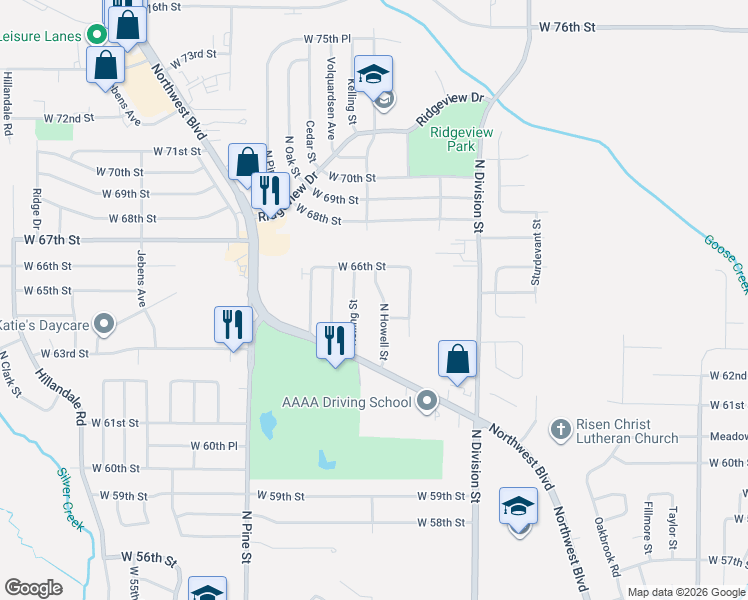map of restaurants, bars, coffee shops, grocery stores, and more near 6418 N Howell St in Davenport