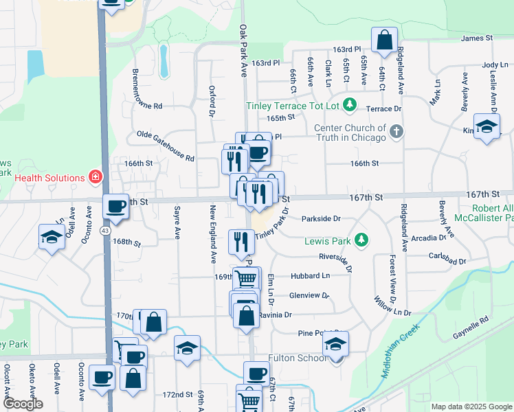 map of restaurants, bars, coffee shops, grocery stores, and more near 16703 Oak Park Avenue in Tinley Park