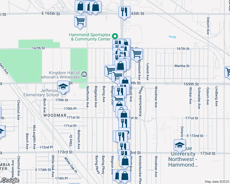 map of restaurants, bars, coffee shops, grocery stores, and more near 6927 Magoun Avenue in Hammond