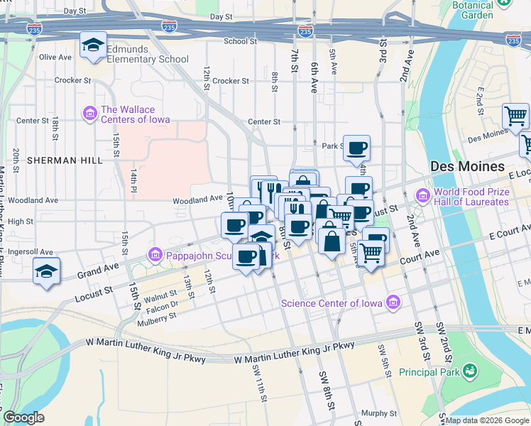 map of restaurants, bars, coffee shops, grocery stores, and more near 801 Grand Avenue in Des Moines