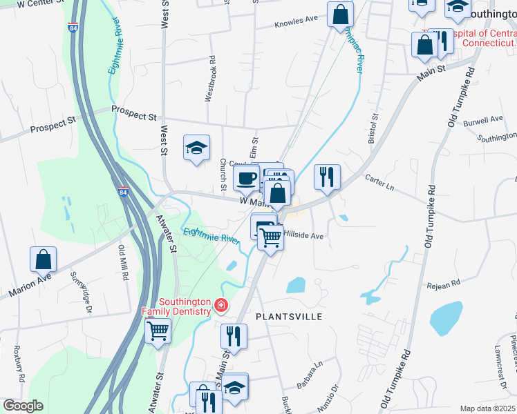 map of restaurants, bars, coffee shops, grocery stores, and more near 98 West Main Street in Southington