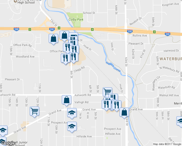 map of restaurants, bars, coffee shops, grocery stores, and more near 1121 6th Street in West Des Moines