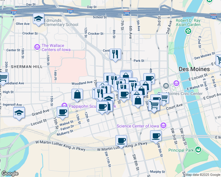 map of restaurants, bars, coffee shops, grocery stores, and more near 801 Grand Avenue in Des Moines