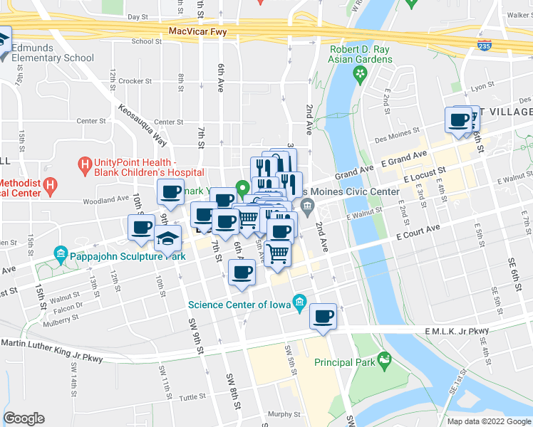 map of restaurants, bars, coffee shops, grocery stores, and more near 401 Locust Street in Des Moines