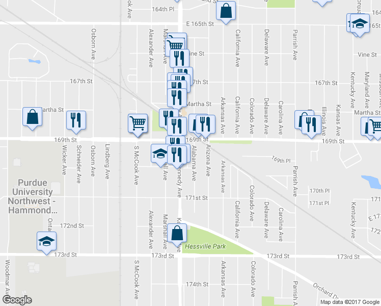 map of restaurants, bars, coffee shops, grocery stores, and more near 6924 Alabama Avenue in Hammond