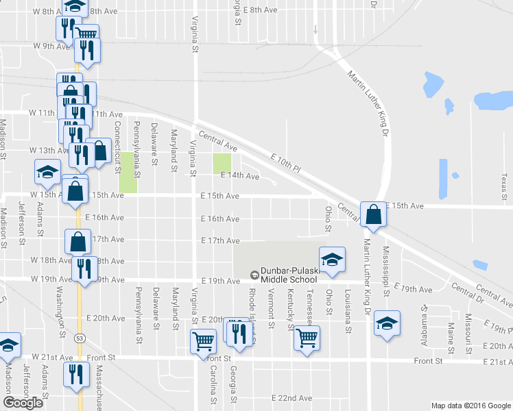 map of restaurants, bars, coffee shops, grocery stores, and more near 1517 Rhode Island Street in Gary