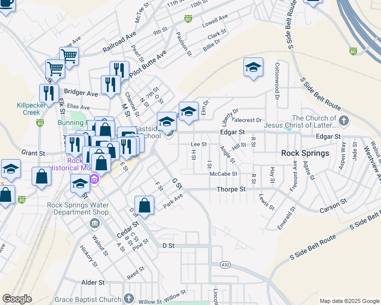 map of restaurants, bars, coffee shops, grocery stores, and more near 328 H Street in Rock Springs