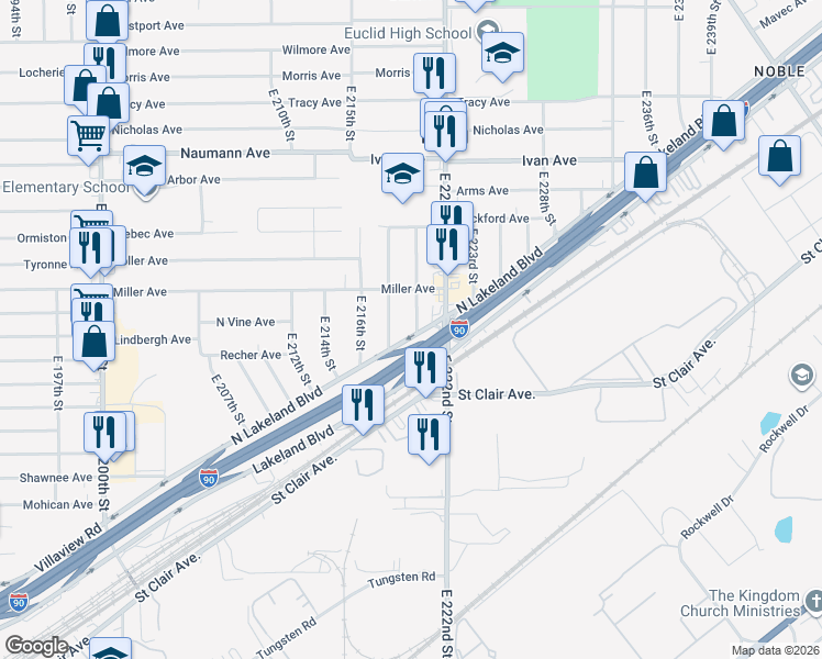 map of restaurants, bars, coffee shops, grocery stores, and more near 954 East 220th Street in Euclid