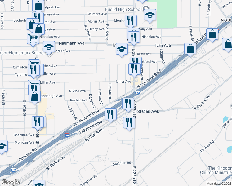 map of restaurants, bars, coffee shops, grocery stores, and more near 926 East 218th Street in Euclid