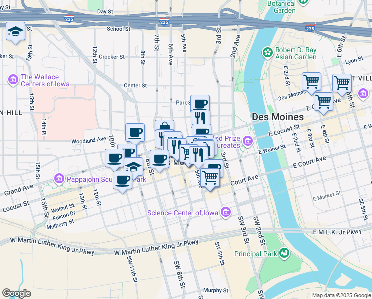 map of restaurants, bars, coffee shops, grocery stores, and more near 404 5th Avenue in Des Moines