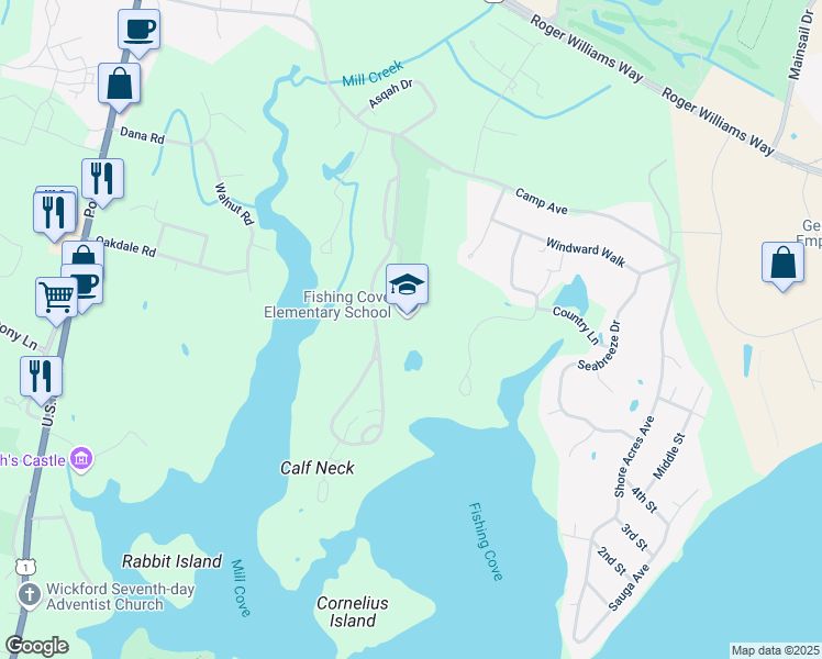 map of restaurants, bars, coffee shops, grocery stores, and more near 110 Wickford Point Road in North Kingstown