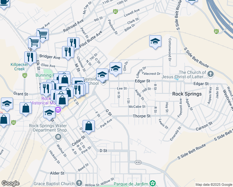 map of restaurants, bars, coffee shops, grocery stores, and more near 321 H Street in Rock Springs