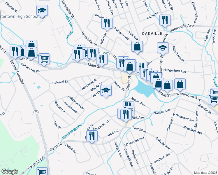 map of restaurants, bars, coffee shops, grocery stores, and more near 39 Van Orman Street in Watertown