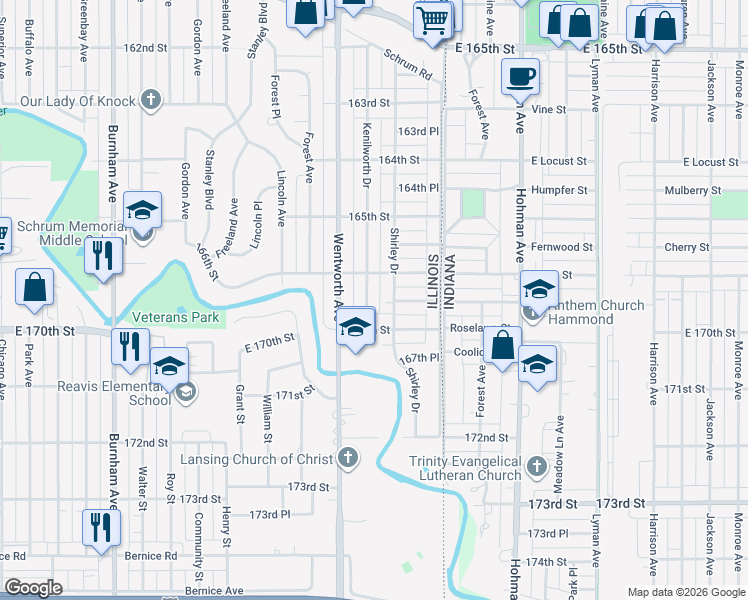 map of restaurants, bars, coffee shops, grocery stores, and more near 1576 Shirley Drive in Calumet City