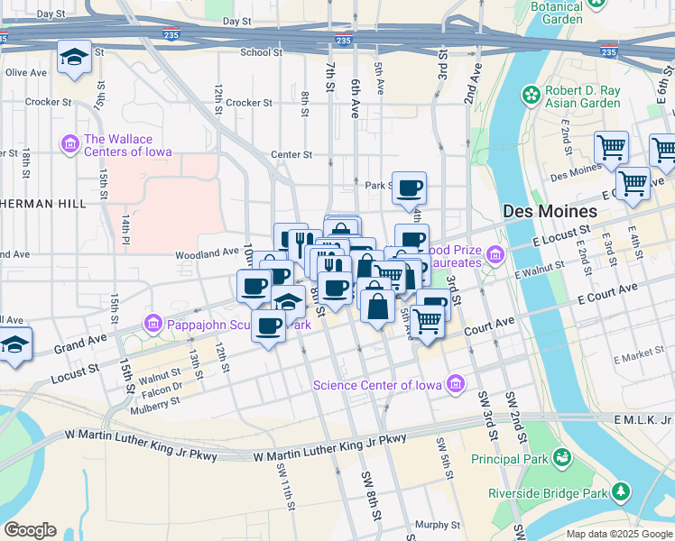 map of restaurants, bars, coffee shops, grocery stores, and more near 701 Grand Avenue in Des Moines