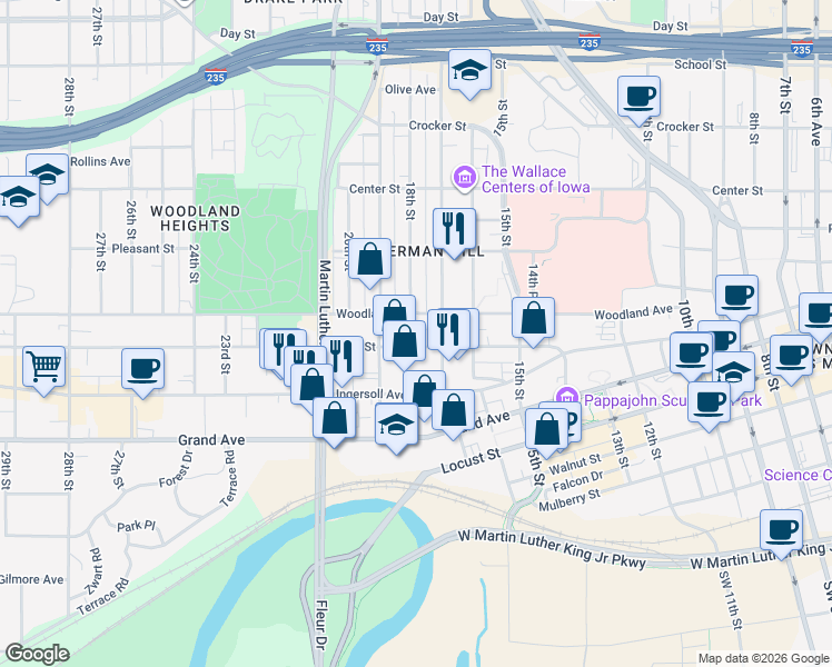 map of restaurants, bars, coffee shops, grocery stores, and more near 1707 High Street in Des Moines