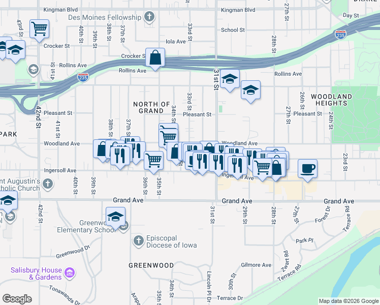 map of restaurants, bars, coffee shops, grocery stores, and more near 3311 Crescent Drive in Des Moines