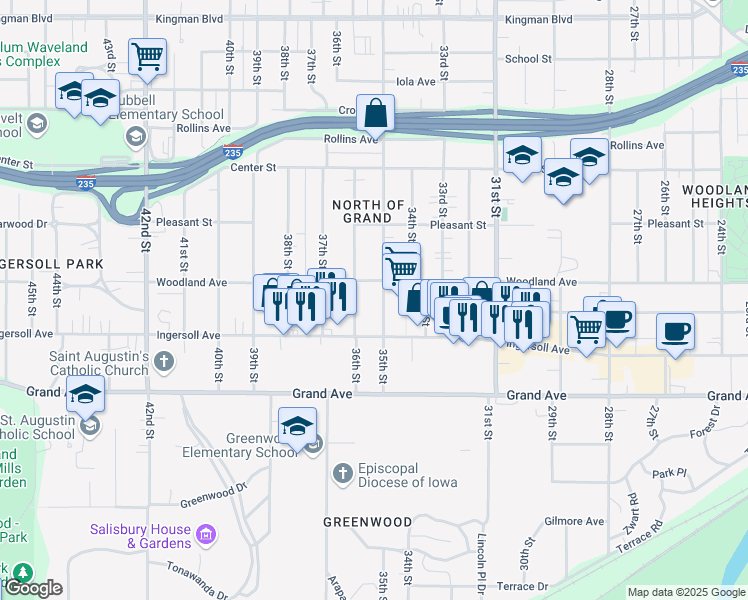 map of restaurants, bars, coffee shops, grocery stores, and more near 626 35th Street in Des Moines