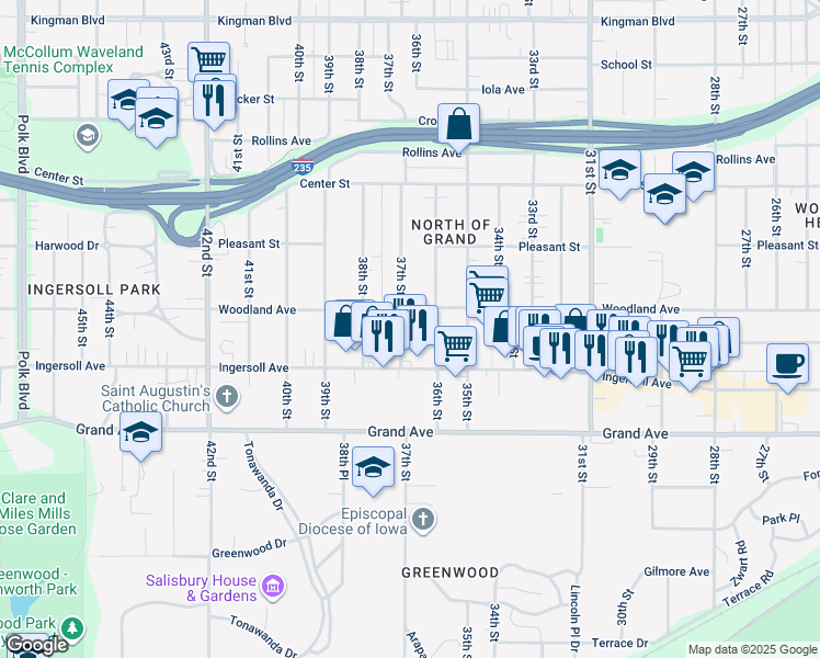 map of restaurants, bars, coffee shops, grocery stores, and more near 629 37th Street in Des Moines